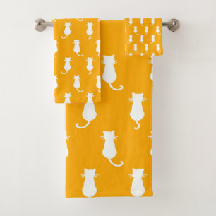 White Cat Polka Dot Pattern Isolated on Tangerine Bath Towel Set