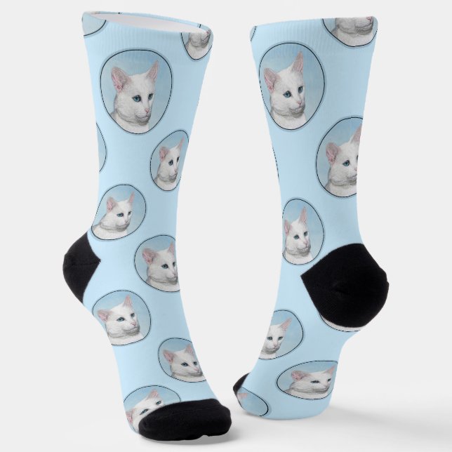 White Cat Portrait Painting Cute Original Art Socks (Angled)