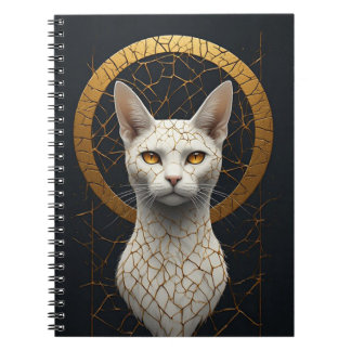 White Cat Portrait With Golden Geometric Halo Notebook