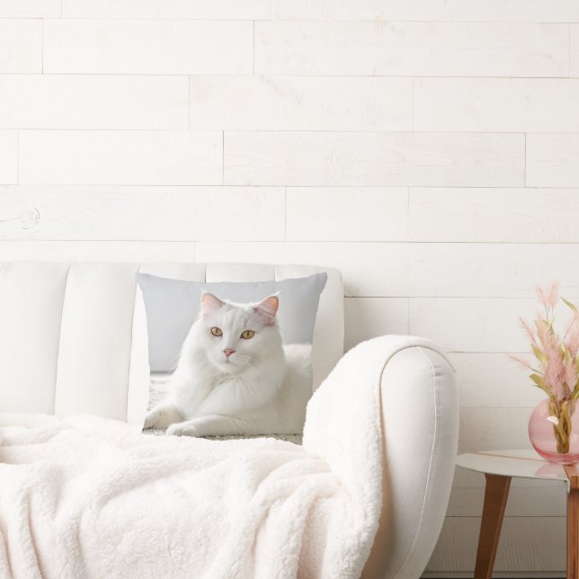 White Cat Posing On White Carpet Throw Pillow (Couch)