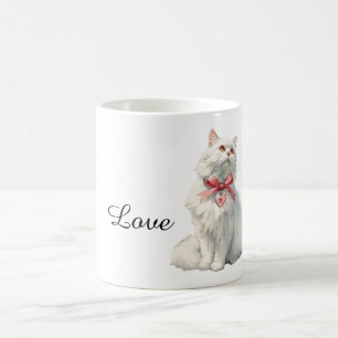 White Cat Red Bow Heart Charm Coffee Mug