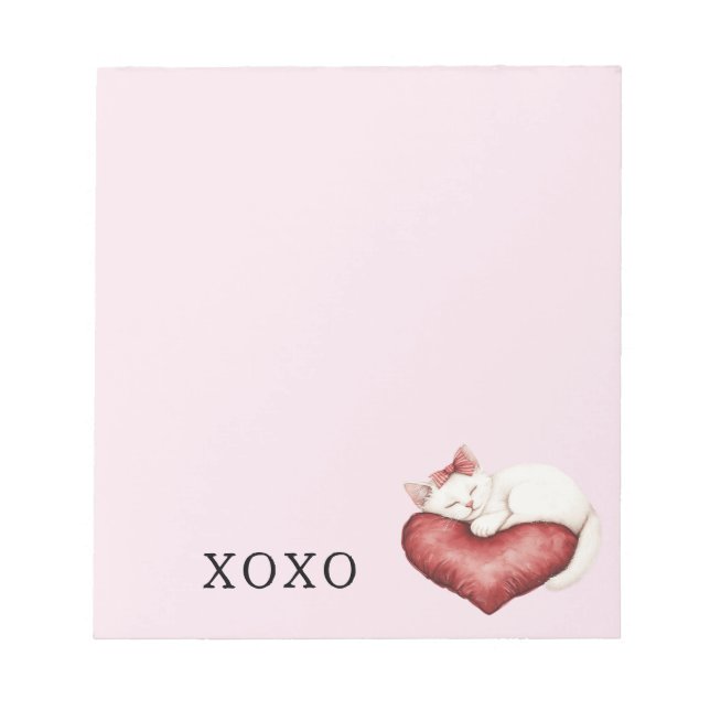 White Cat Red Heart Pillow Notepad (Front)