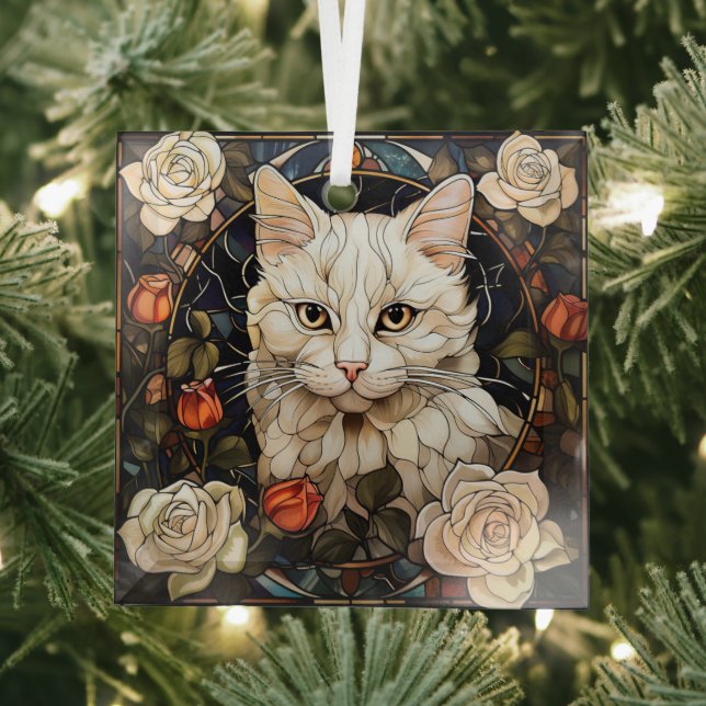 White Cat Rose Mosaic Stained Glass Ornament (Insitu)