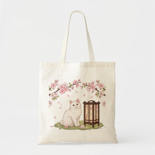 White Cat & Sakura Lantern Tote Bag (Front)