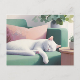 White Cat Sleeping on Green Sofa / Cat Lovers  Postcard