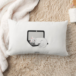 White Cat Sleeping On Laptop Lumbar Pillow