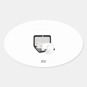 White Cat Sleeping On Laptop Oval Sticker