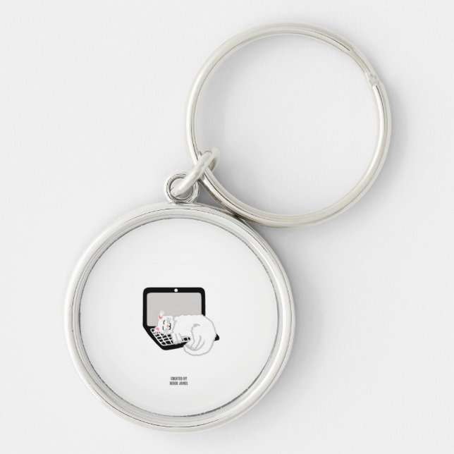 White Cat Sleeping On Laptop Round Keychain (Front)