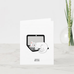 White Cat Sleeping On Laptop Small Greeting Card