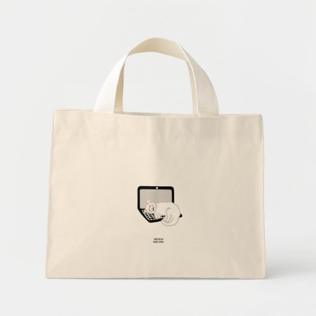 White Cat Sleeping On Laptop Tiny Tote (Front)