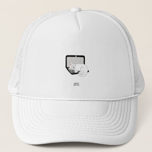 White Cat Sleeping On Laptop Trucker Hat (Front)