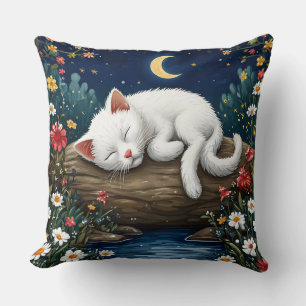 White Cat Sleeping on Log in Flower Garden Throw Pillow