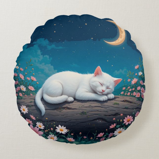 White Cat Sleeping Peacefully on a Log Round Pillow (Front)