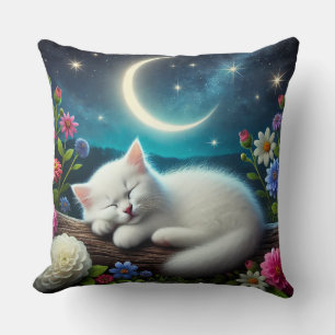 White Cat Sleeping Peacefully Outdoors Throw Pillow