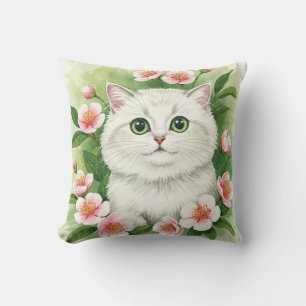 White Cat Spring Flowers Pillow