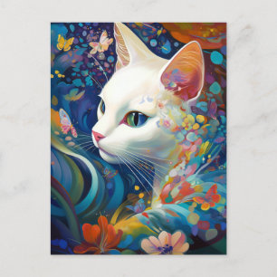 White Cat Surreal Beautfiul Fantasy Art Postcard