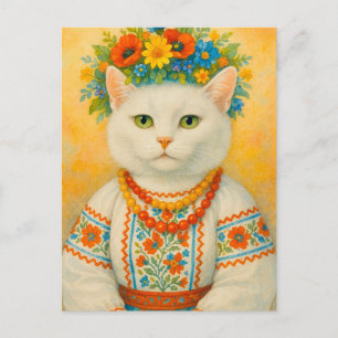 White Cat Ukrainian Flower Wreath Postcard