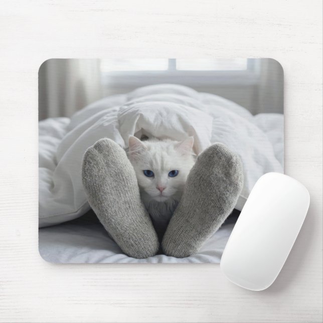 White Cat Under a White Duvet Mouse Pad (With Mouse)