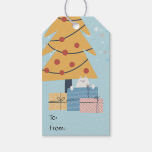 White cat under Christmas tree presents gifts  Gif Gift Tags