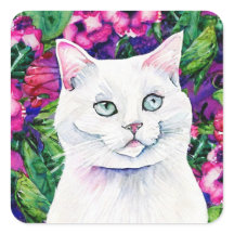White Cat Watercolour Square Sticker