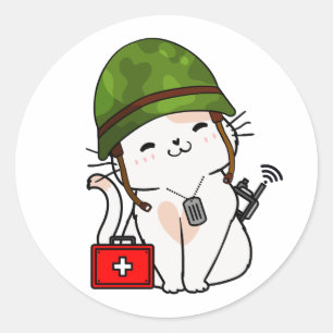 White Cat Wearing army helmet Classic Round Sticker