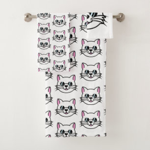 White Cat Wearing Black Glasses / Sunglasses Bath Towel Set