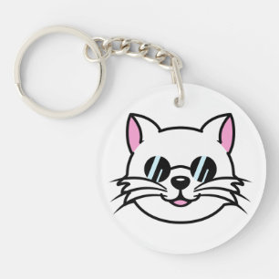 White Cat Wearing Black Glasses / Sunglasses Keychain