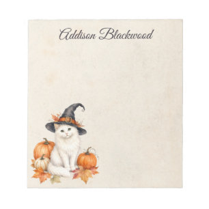 White Cat Witch Hat Autumn Pumpkins Personalized Notepad