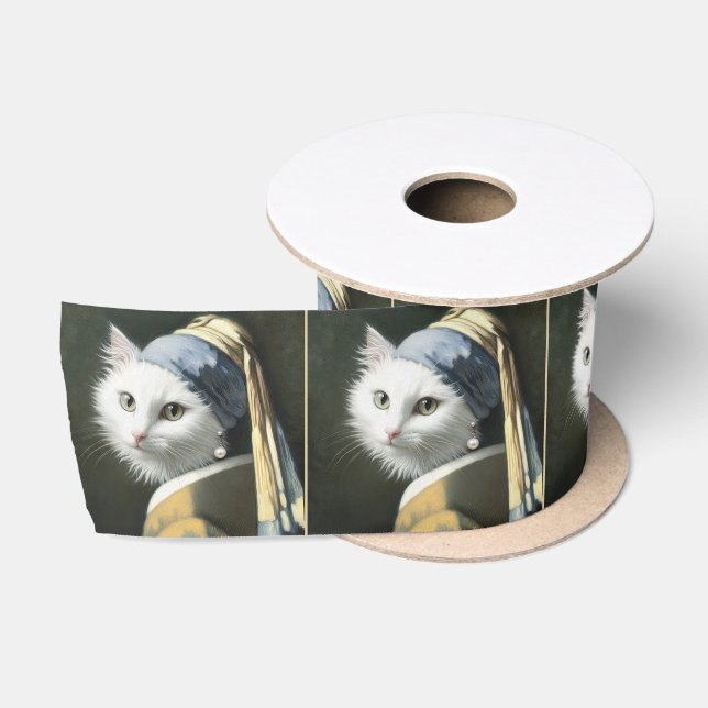 White Cat With a Pearl Earring Portrait Satin Ribbon (Spool)