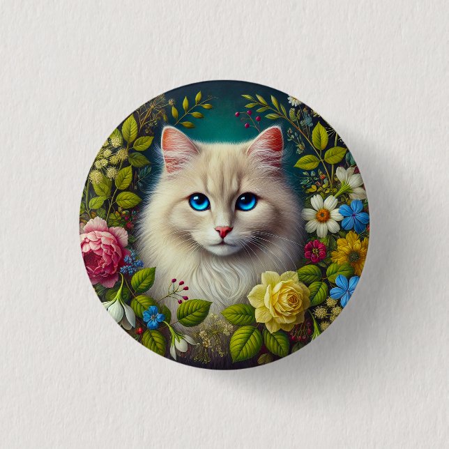 White Cat With Blue Eyes 1 Inch Round Button (Front)