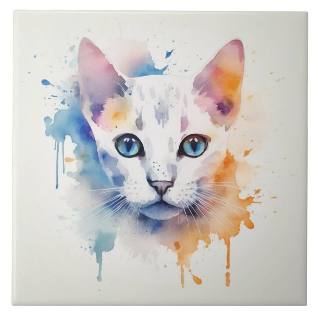 White Cat with Blue Eyes - Watercolor Tile (Front)