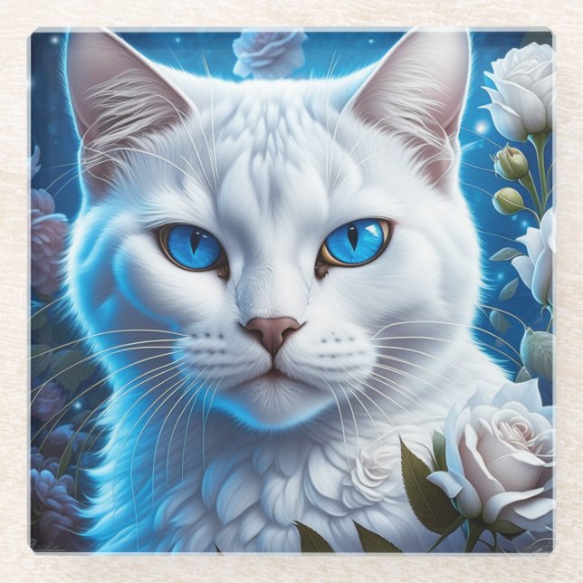 White Cat with Bright Blue Eyes Floral Glass Coaster (Front)