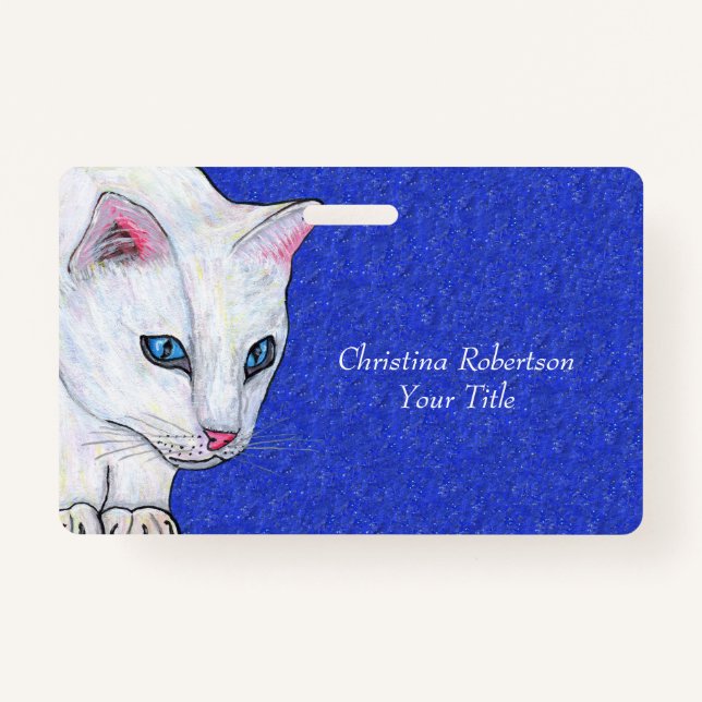 White Cat With Bright Blue Eyes on Sparkle Blue Badge (Front)