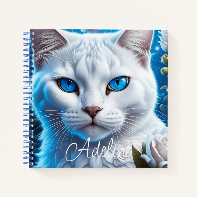 White Cat with Bright Blue Eyes Personalized Notebook (Front)