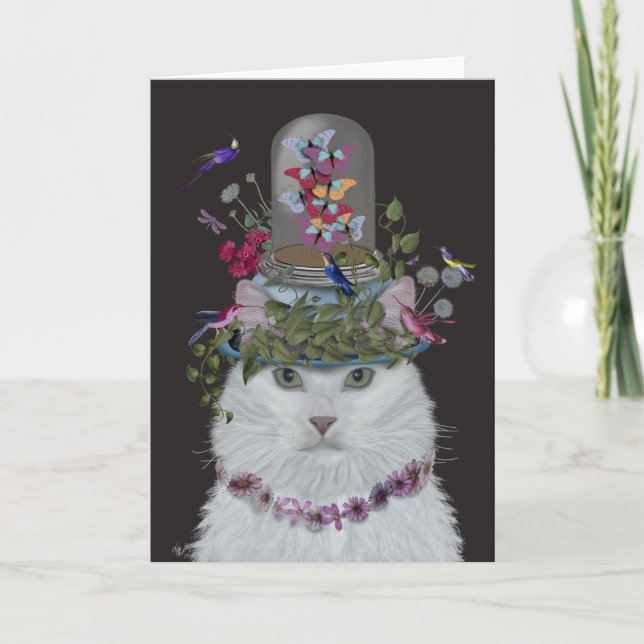 White Cat with Butterfly Bell Jar Card (Front)