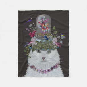 White Cat with Butterfly Bell Jar Fleece Blanket