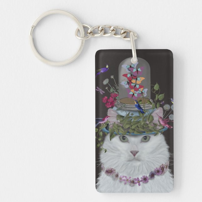 White Cat with Butterfly Bell Jar Keychain (Front)