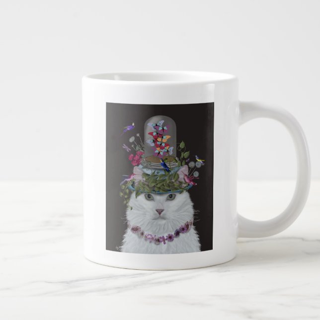 White Cat with Butterfly Bell Jar Large Coffee Mug (Right)