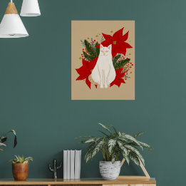 White cat with christmas foliage - classic poster