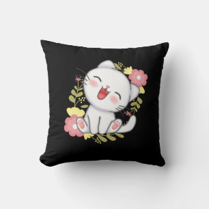 white cat with flower throw pillow