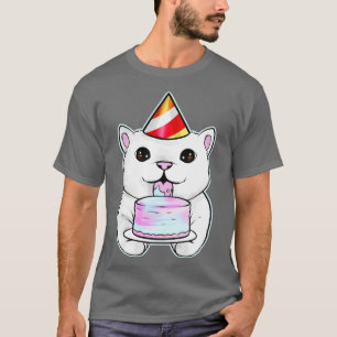 White Cat With Party Hat Licks A Birthday Cake On  T-Shirt