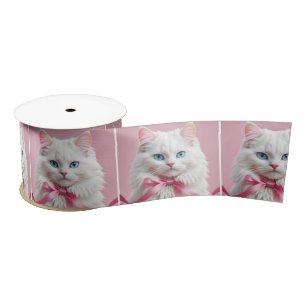 White Cat With Pink Bow Satin Ribbon