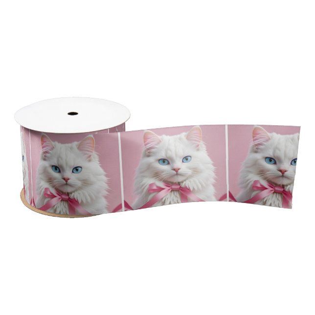 White Cat With Pink Bow Satin Ribbon (Spool)