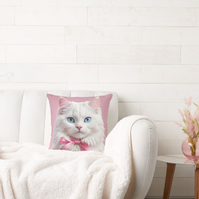 White Cat with Pink Ribbons Throw Pillow (Couch)