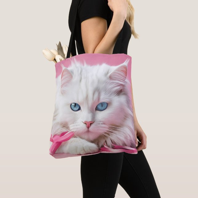 White Cat With Pink Ribbons Tote Bag (Close Up)