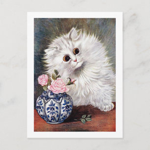White Cat with Pink Roses, Louis Wain Postcard