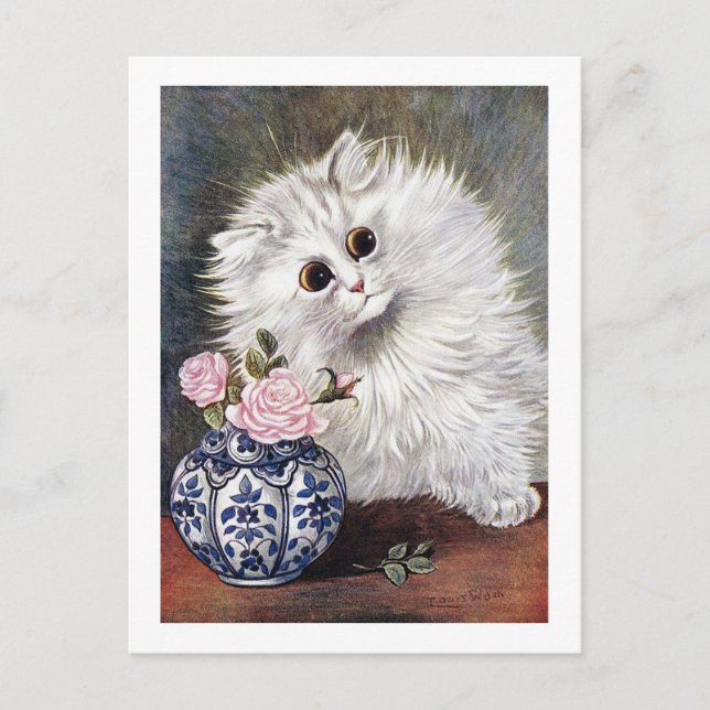 White Cat with Pink Roses, Louis Wain Postcard (Front)