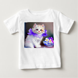 White Cat with Purple Flower Collar Painting Baby T-Shirt