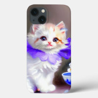 White Cat with Purple Flower Collar Painting