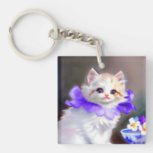 White Cat with Purple Flower Collar Painting Keychain